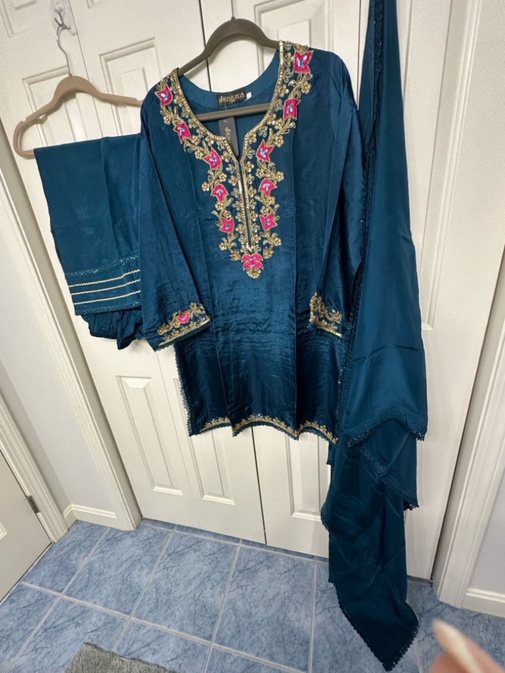 Teal Embroidered Salwar Kameez Set with Pink & Gold Accents 23”